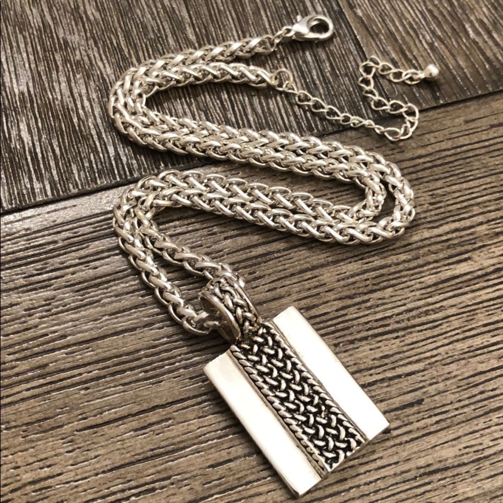 Silvertone woven Chain & Rectangle Slide